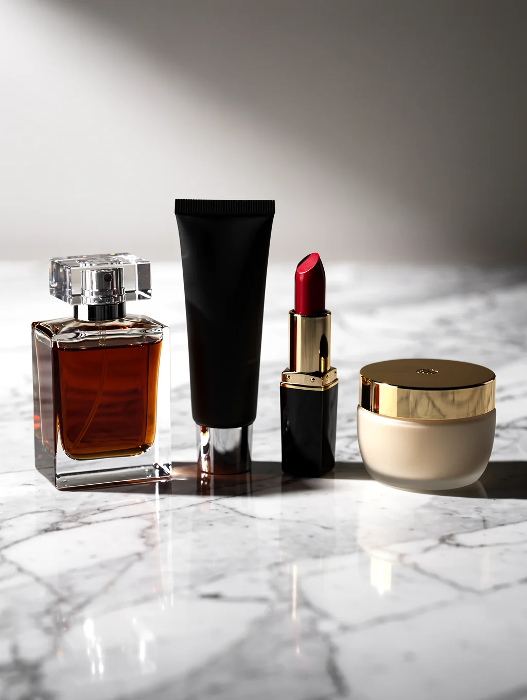 Premium cosmetic products displayed in a dramatic studio setting