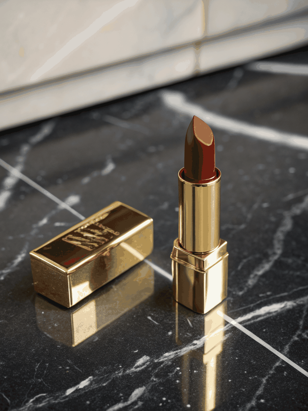 Luxury lipstick in gold casing with velvet background